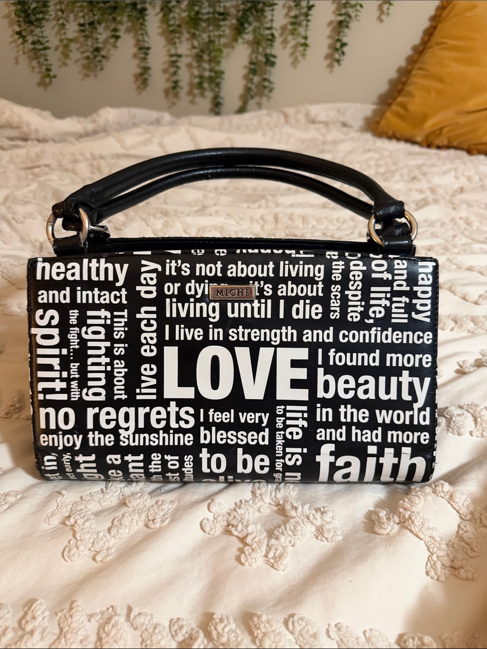 Miche Black and White Text-Print Mini Handbag